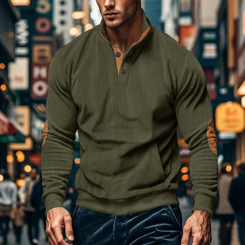 2024 Autumn Fashionable Sweatshirt for Men Winter Long Sleeve Button Stand Collar Hoodie Corduroy Sweatshirts Male Corduroy Tops