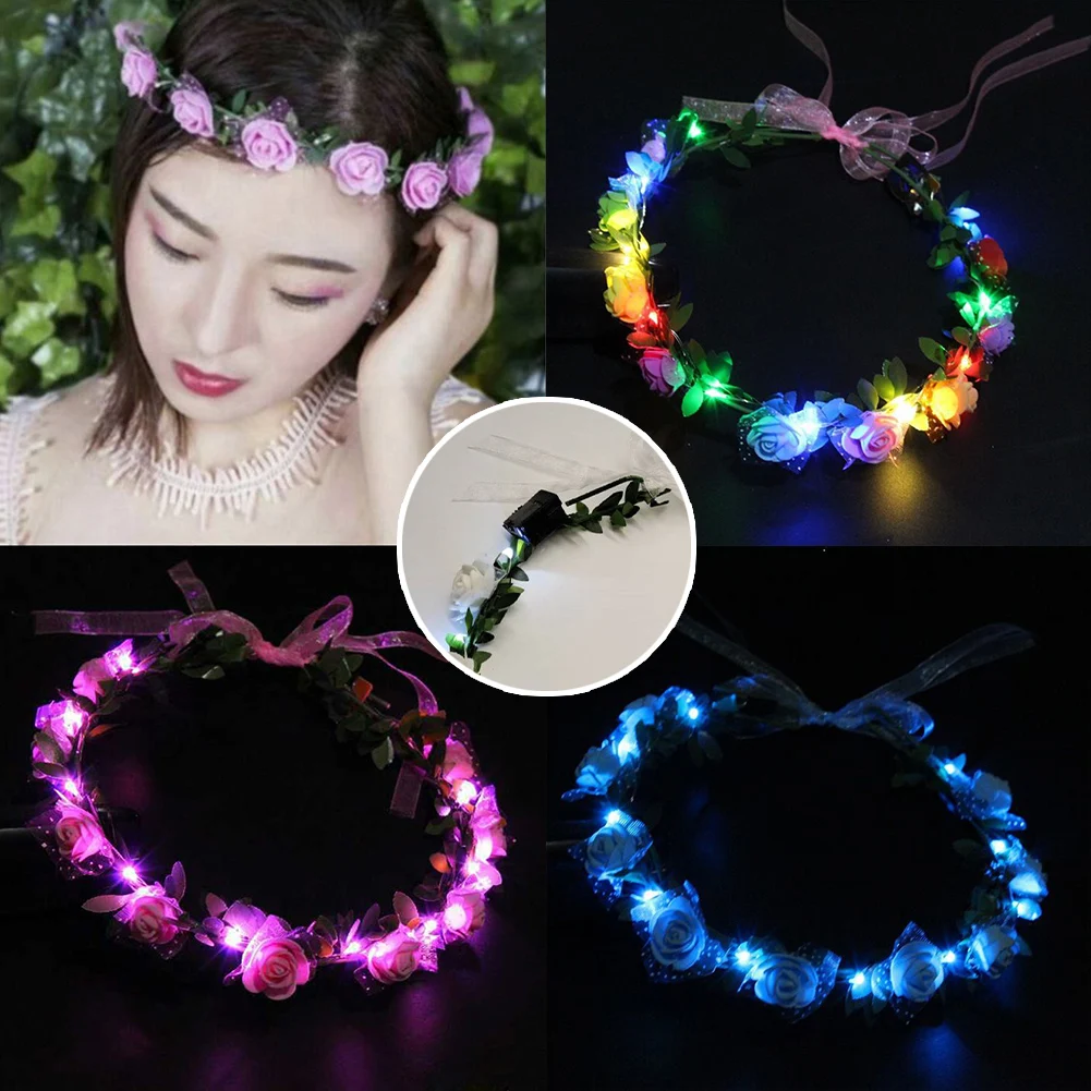 Wedding Party Crown Flower Headband LED Light Wreath Garland Decoration Women Girl Birthday Favor Luminous Hair Garland Hairband