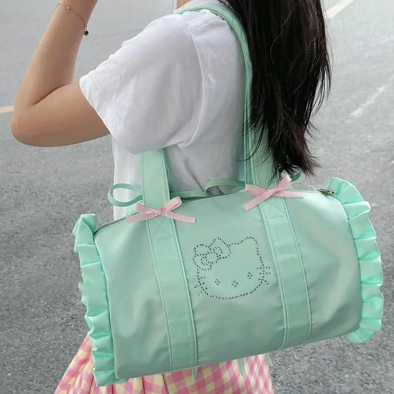 Sanrio Diamond Hellokitty Y2k Shoulder Bags Bow Lace-Up Green Casual Handbags Cartoon Printed Kt High Capacity Bag For Women Gif