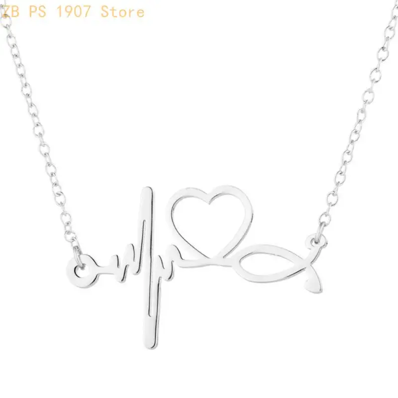 Stainless Steel Neckchain Hospital ECG Heartbeat Pendant Necklace for Doctors Nurses Healthcare Professionals 55KA