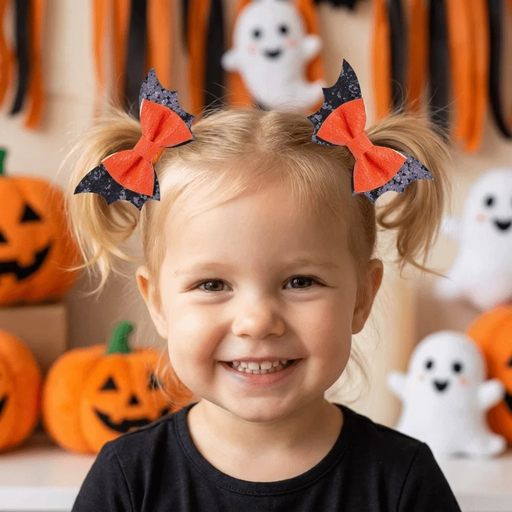 2 pcs/set Bow Bat Wing Hair Clips Double Layered Glitter Halloween Barrettes Black Color Unique Sequins Hairpin College Style