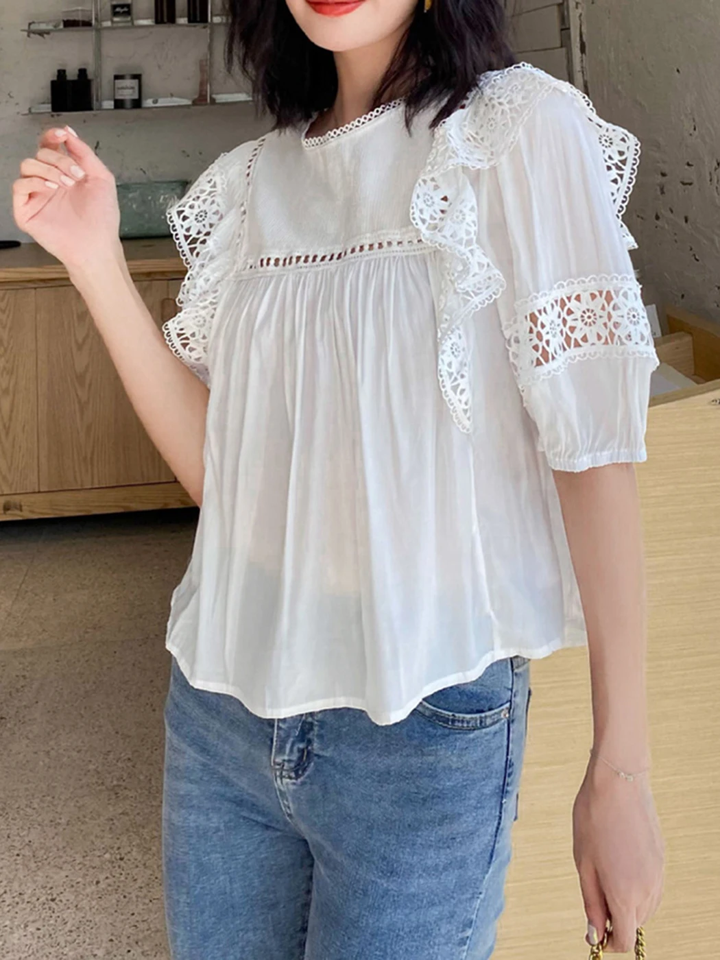 

Jastie 2025 Summer Women Blouse Shirts Round Neck Half-sleeved Embroidery Stitching Ruffled Hollow Lace White Tops Blusas