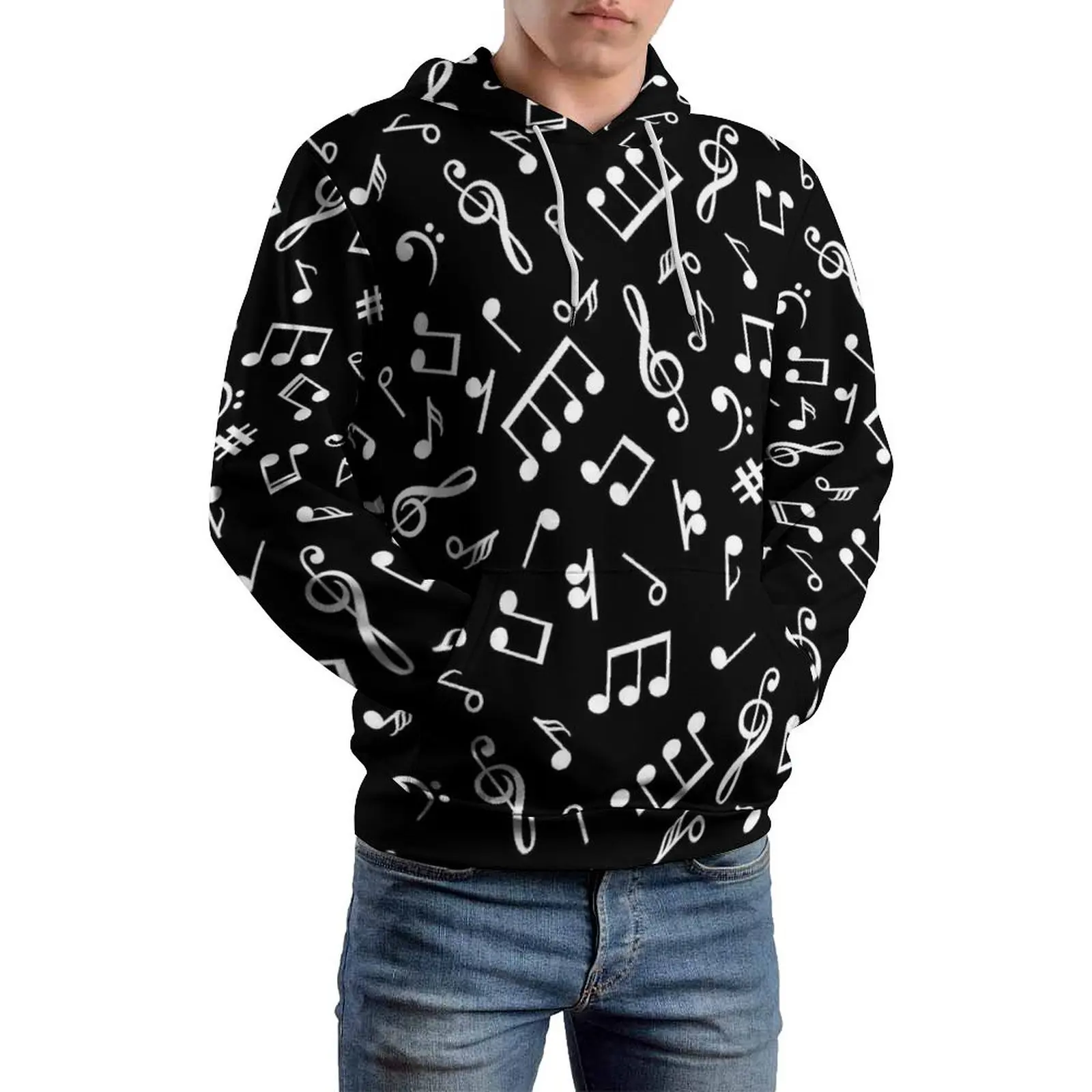 Music Notes Loose Hoodies Black and White Street Wear Hoodie Man Long-Sleeve Kawaii Custom Sweatshirts Plus Size