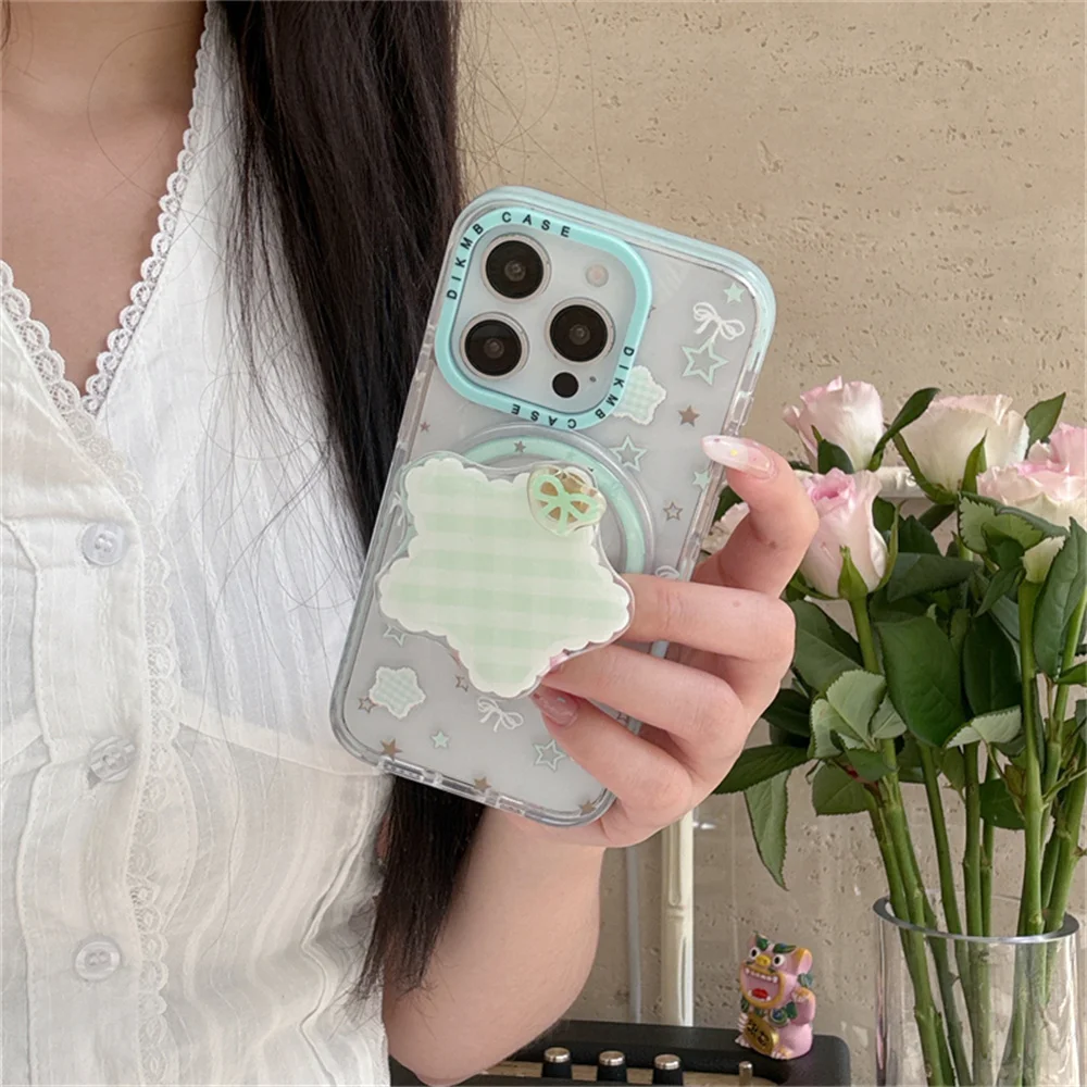 

Korean Lattice Pattern Stars magnetic stand phone case for iPhone 13 14 15 16 Pro Max 16 funds luxury fashion shockproof cover