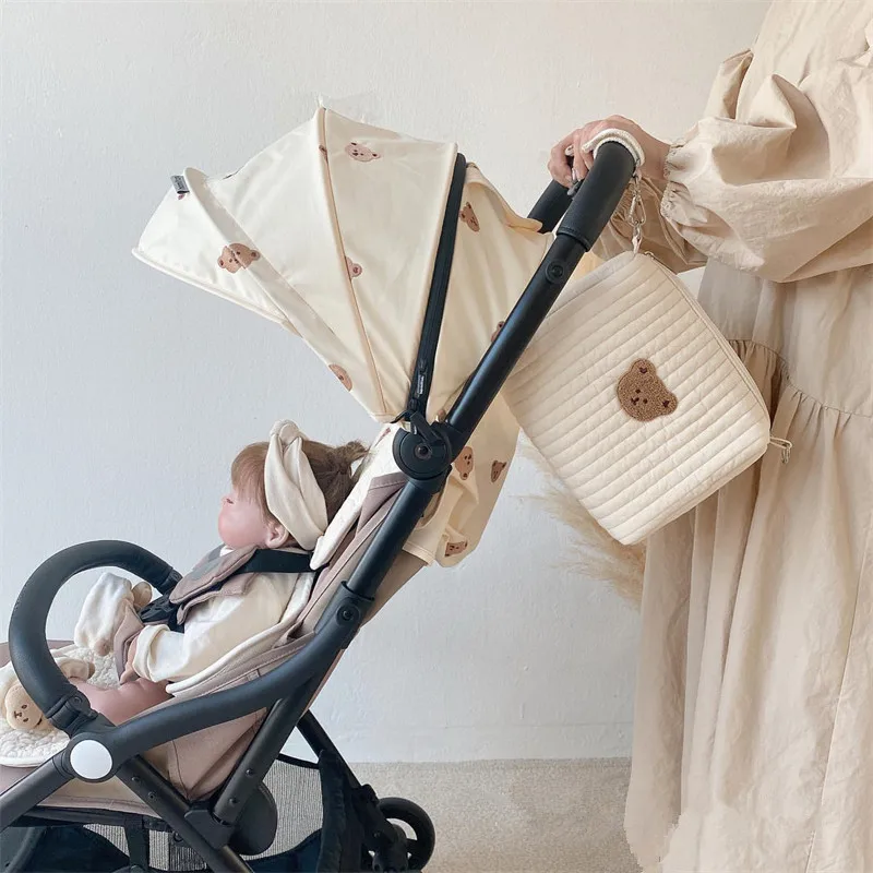 Pangdube bolsa bordada fofa para carrinho de bebê com gancho bolsa de fraldas de bebê para acessórios de bebê bolsa de mãe para coisas de bebê