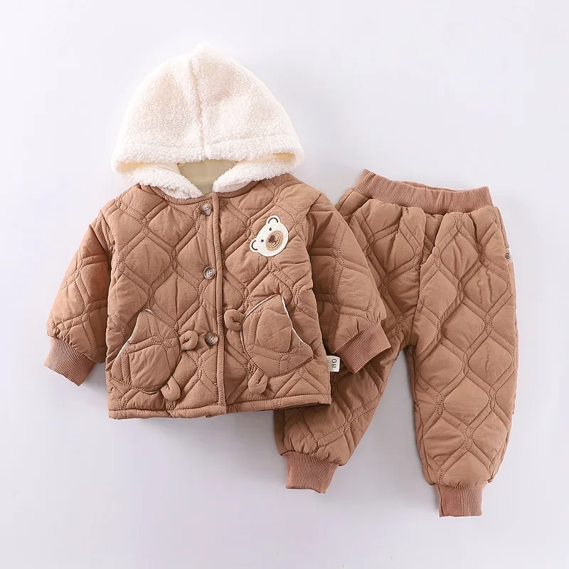 Traje de chaqueta con capucha gruesa y cálida para niños y niñas, ropa de moda para niños, pantalones para niños pequeños, traje para niños, nuevo, invierno, 2 piezas por juego