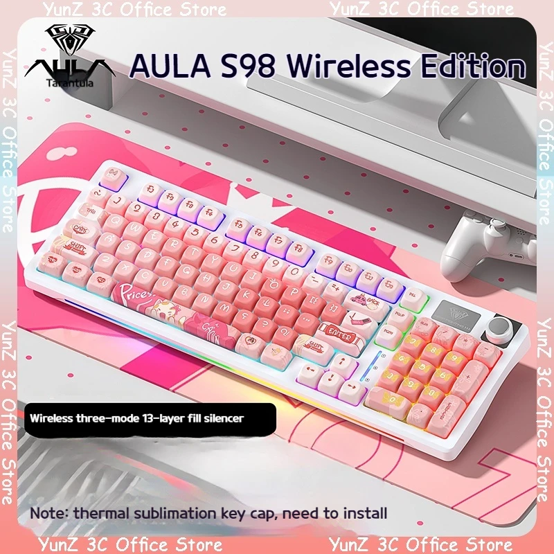 Aula S98 Wireless Mechanical Keyboard In Pink Color With High Aesthetic Value 3 Mode Bluetooth, Wired E-Sports Game Office