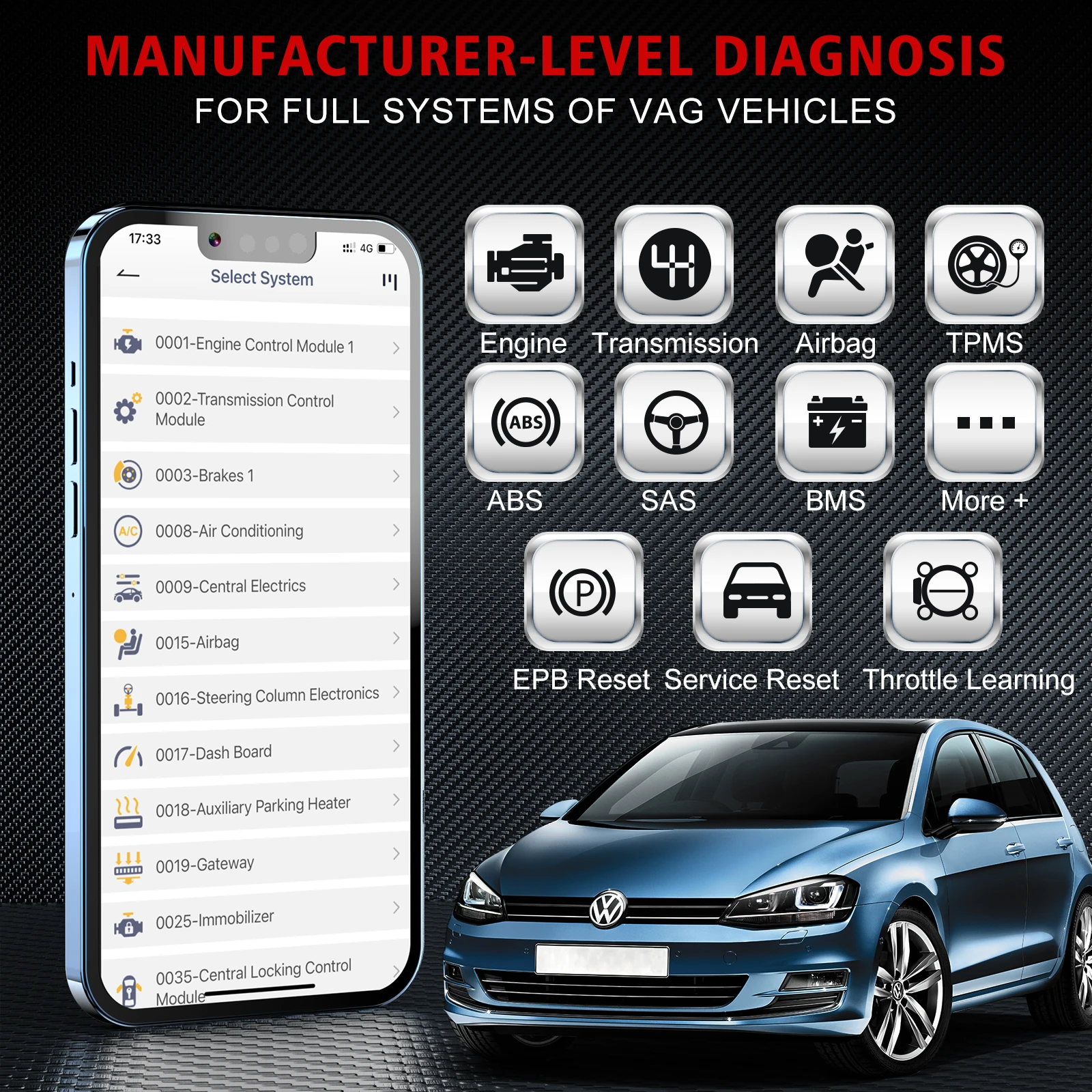 ANCEL BD500 OBD2 Scanner Bluetooth 5.0 Full System Oil EPB Reset Throttle Relearn Diagnostic Tool for VW Audi with Battery Test