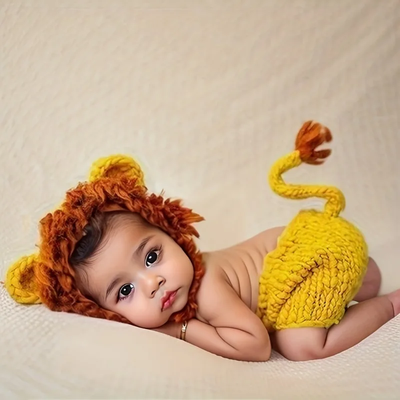 

Newborn Baby Cute Lion Hat Photography Props, Soft Knitted Hat Pant Suit, Infant Costume