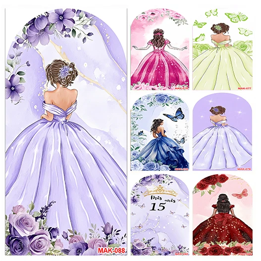 Abito a fiori Quinceanera 2025 Festa di compleanno per ragazza Matrimonio Compleanno Sfondo ad arco Sfondo decorativo con farfalla viola