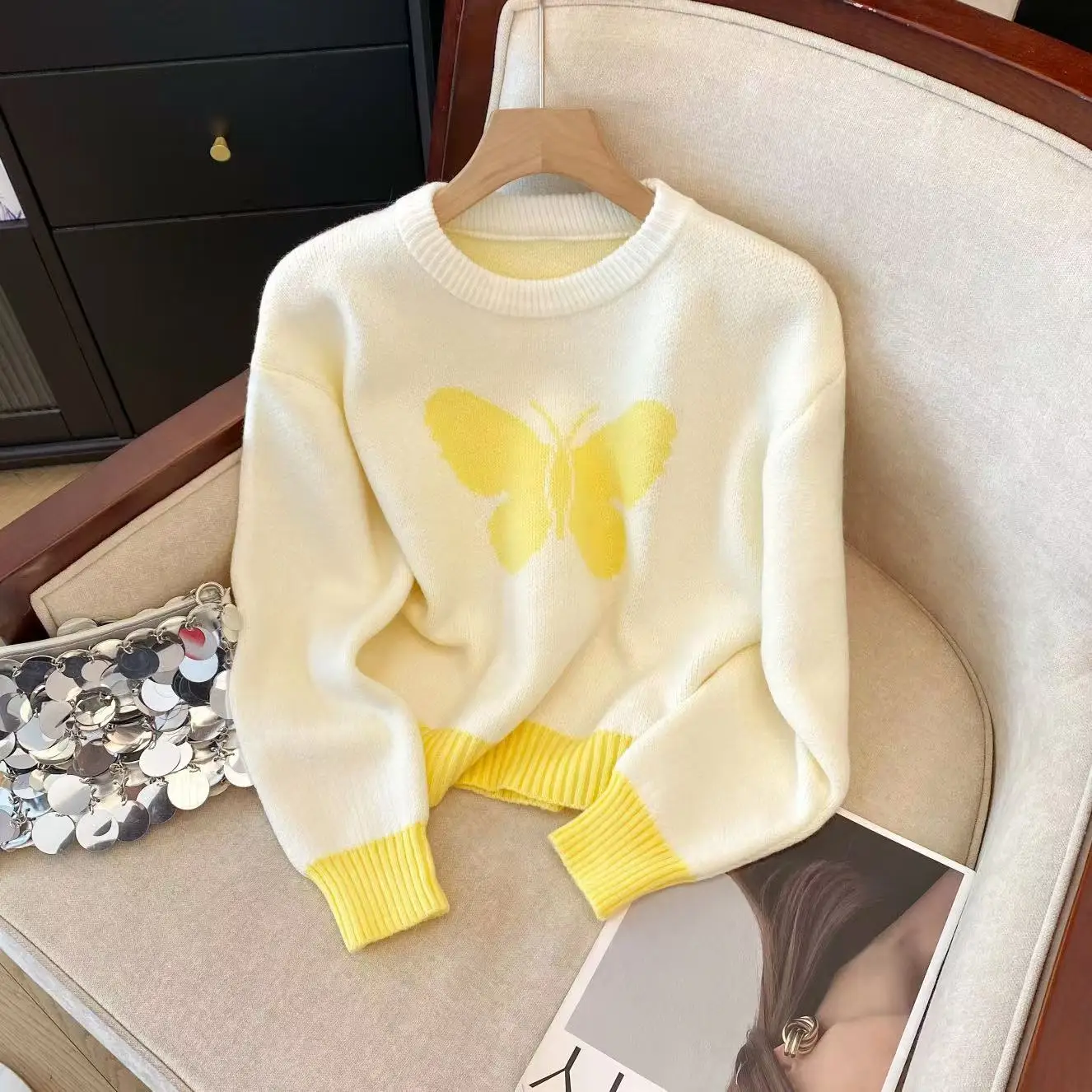 

Women's Yellow Knit Pullover Butterfly Pattern Sweater Harajuku Vintage Y2k Long Sleeves Cashmere Sweaters 2000s Clothes Autumn