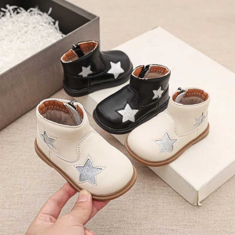 New Fashion Ankle Boots For Kids Girls,Cute Solid Black Beige  Zip Boots For Toddler Women,Baby Outside Flats Walkers Shoes