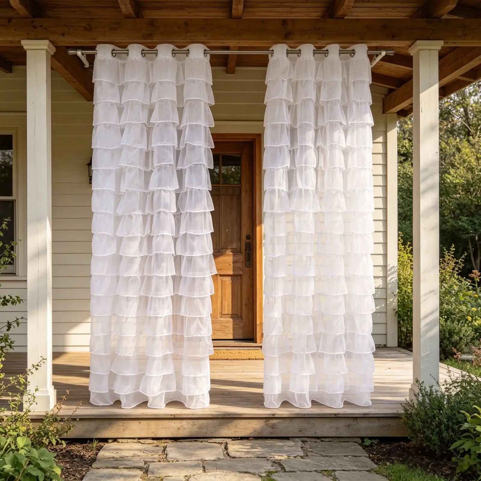 2 Stück Rüschen-Vorhänge mit Ösen für den Außenbereich, lichtfilternde Vorhänge, für Pavillon, Terrasse, Garten, süßes Einweihungsgeschenk