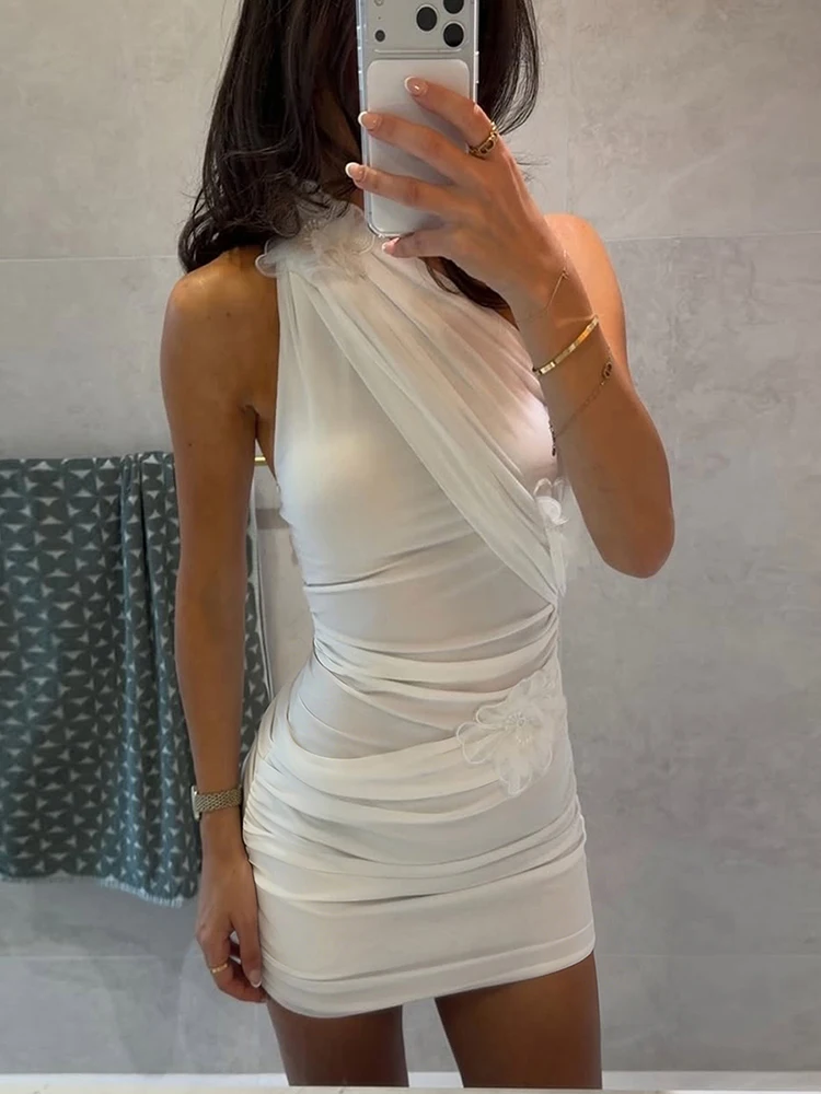 Nibber는 미니 원피스 여자 3d 꽃 장식 메쉬 패치 워크 Halter Skew Collar Backless Sleevless Chic Sexy Bodycon을 통해 본다