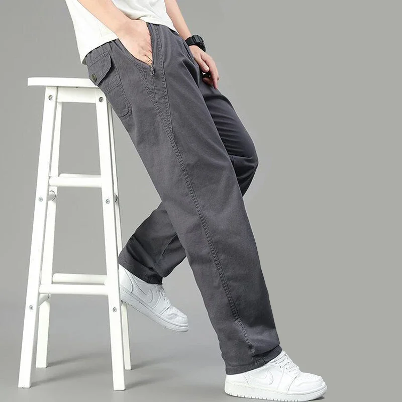 Pantaloni cargo da uomo di grandi dimensioni Pantaloni dritti larghi casual Pantaloni lunghi in cotone Tasche con cerniera Pantaloni da jogging da uomo
