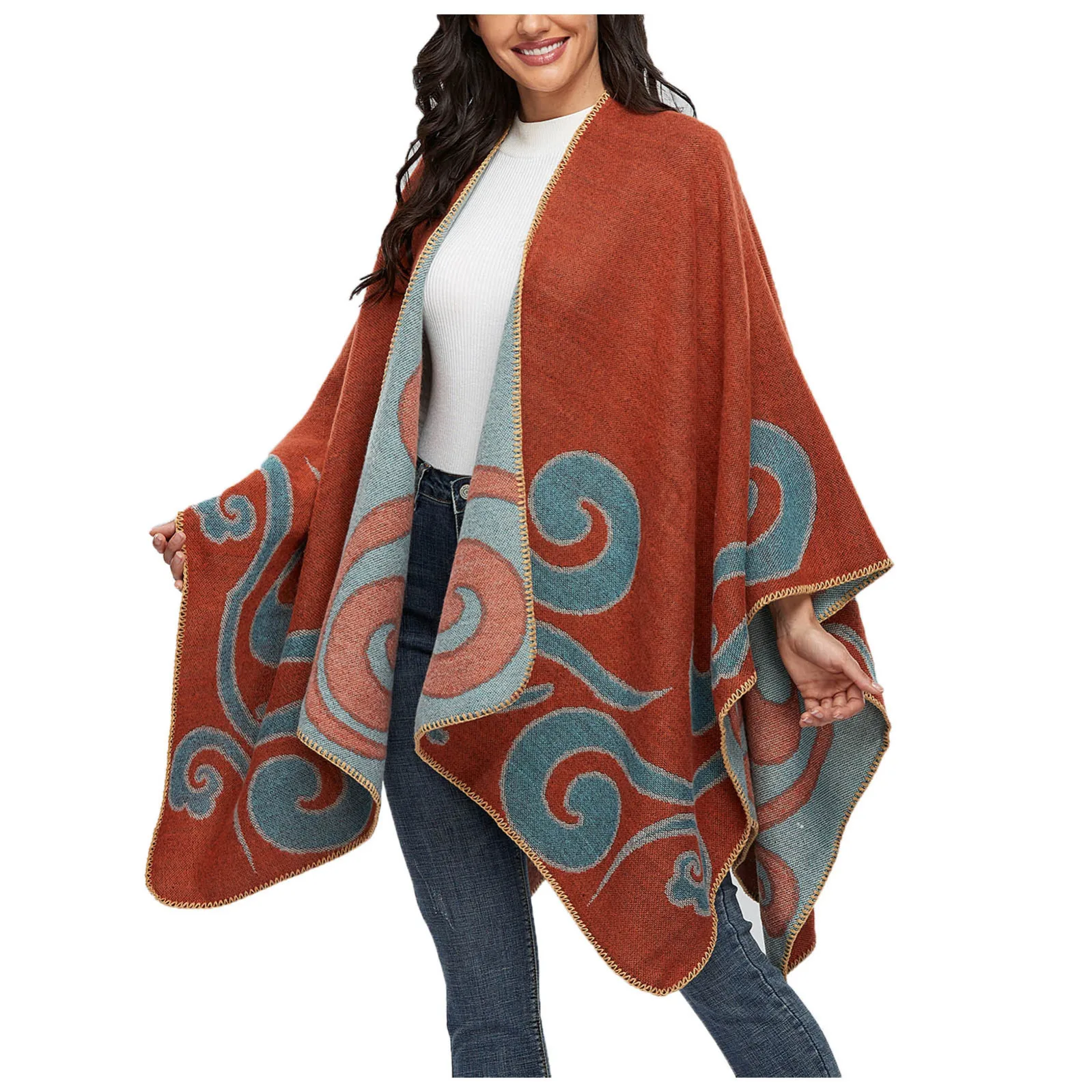 Women Print Poncho Winter Knitted Cashmere Capes Scarf Autumn Winter Cardigans Coat Oversized Shawls Wrap Capas Para Mujer