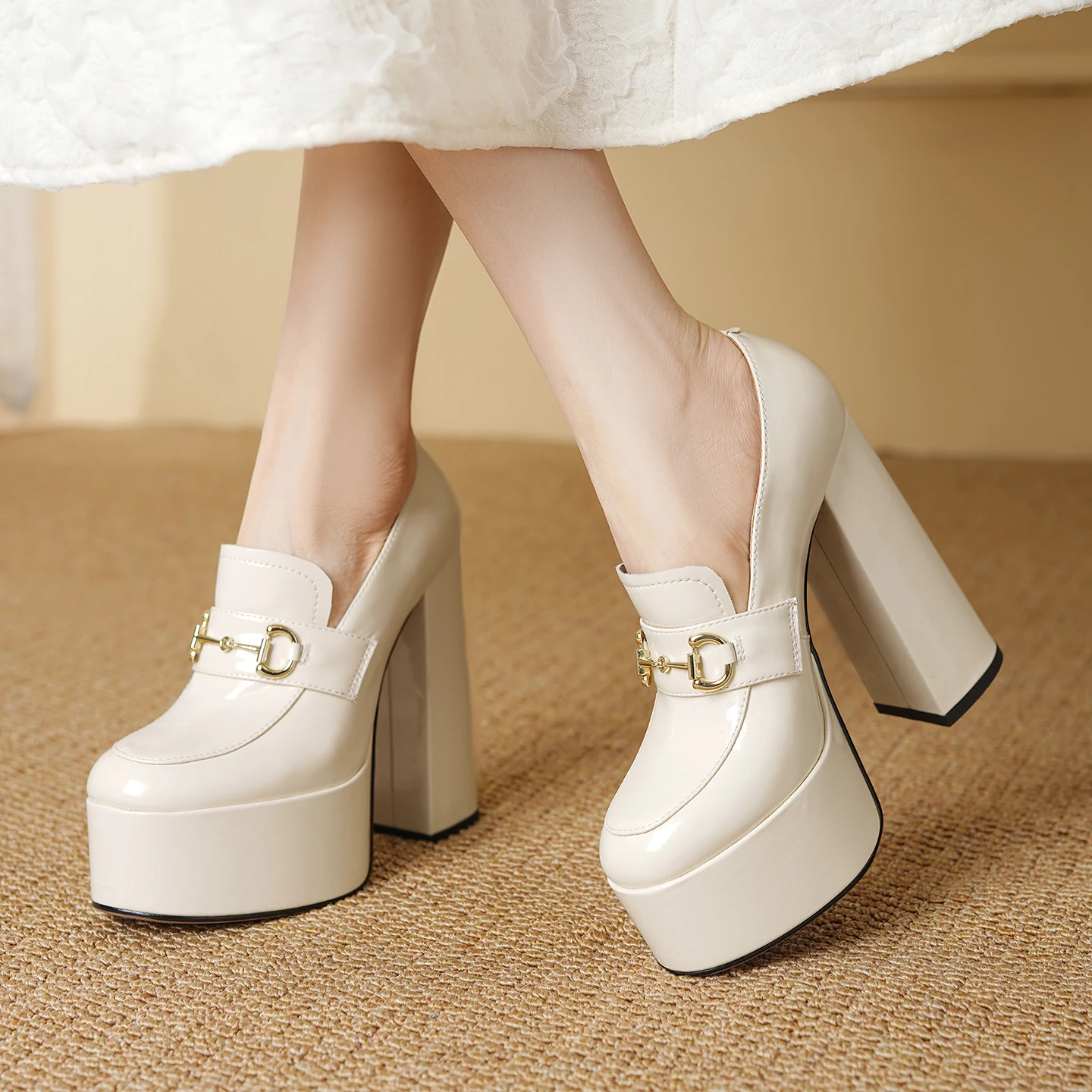 

Pumps Women Cow Leather Square Toe Platform 14CM Chunky Heel French Elegant Versatile Dressy Fashion Shoes