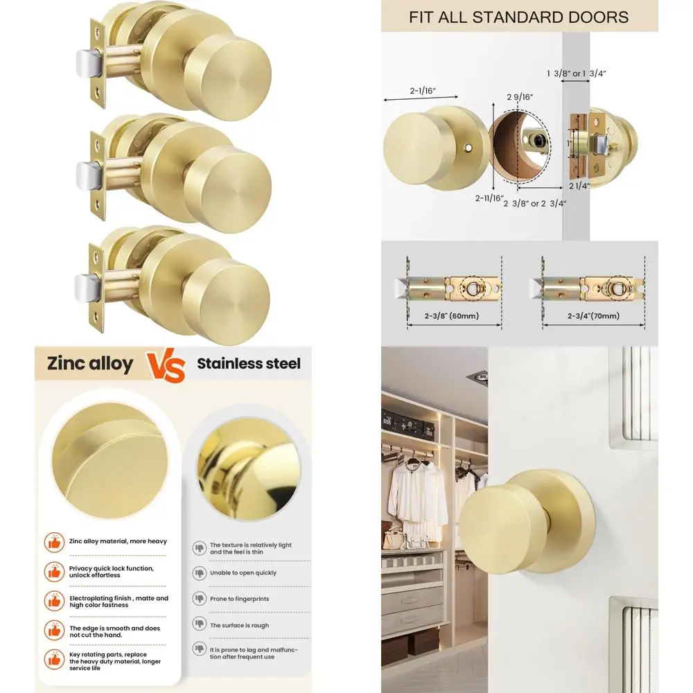 مقابض أبواب داخلية ذهبية مصقولة - مقابض مرور شديدة التحمل للممر والخزانة، سبائك الزنك، غير قابلة للقفل