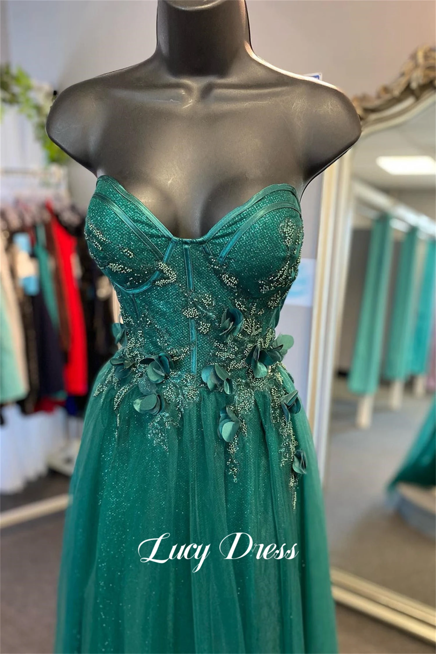 Lucy brilhante sem alças vestido de baile malha 3d flor decoração formatura vestidos de noite luxo 2024 baile de gala mulher vestidos personalizados