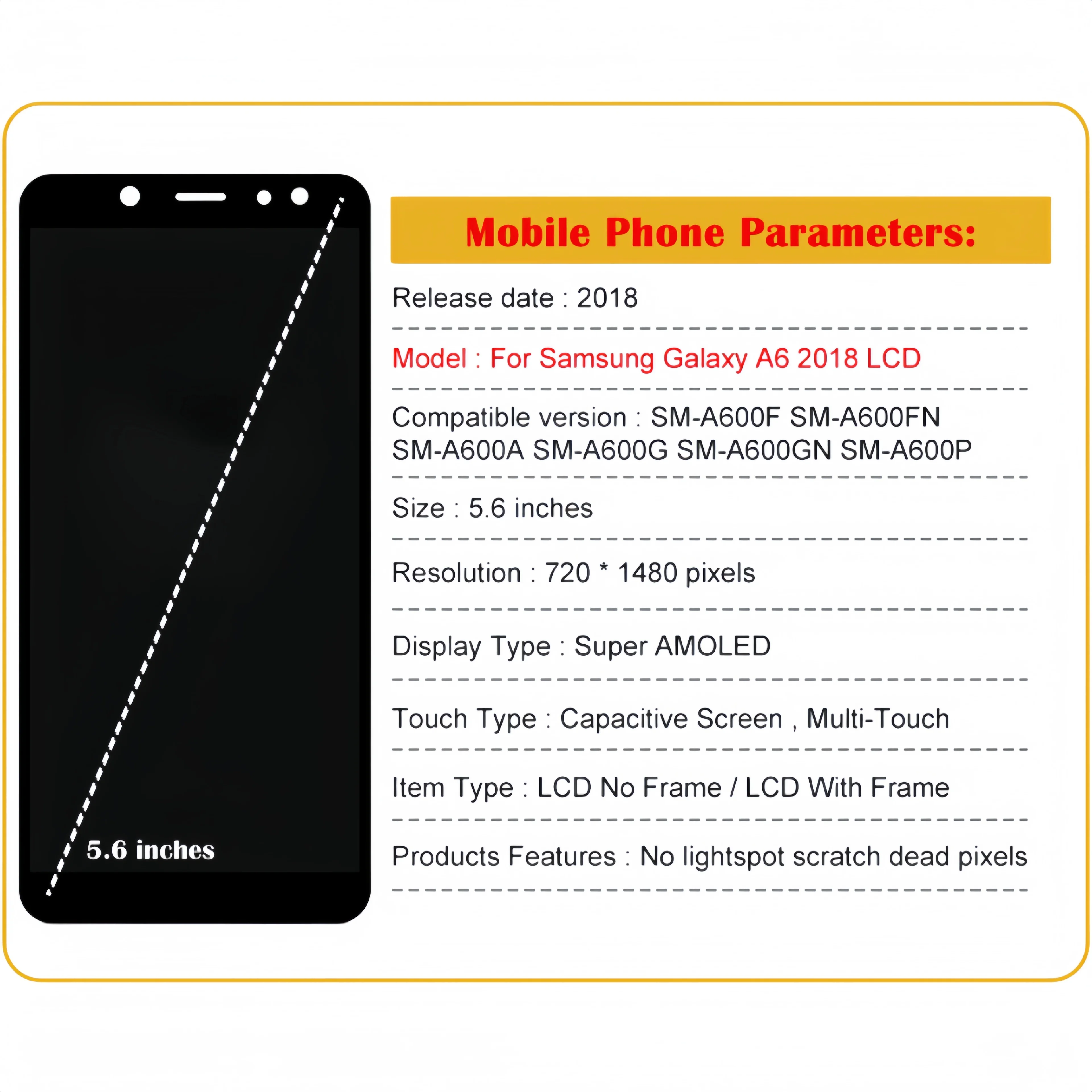 LCD 디스플레이 터치 스크린 디지타이저 어셈블리 교체, Samsung Galaxy A6 2018,SM-A600F,A600FN,A600A,A600G,A600GN,A600P 에 적합