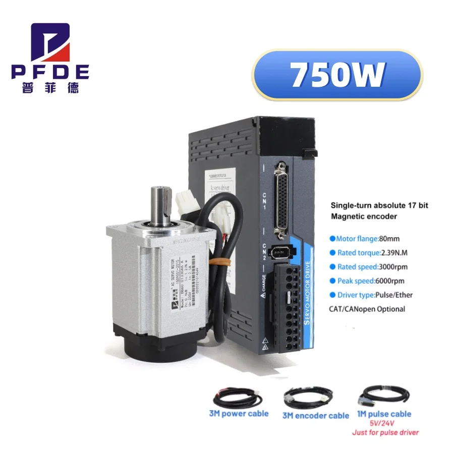 4 Suit 750W AC Servomotor 2.39N.M 80 Drive Kit 3000rpm Drive +17 bit Magnetic Encoder+encoder cable Pulse Signal Shielded wires