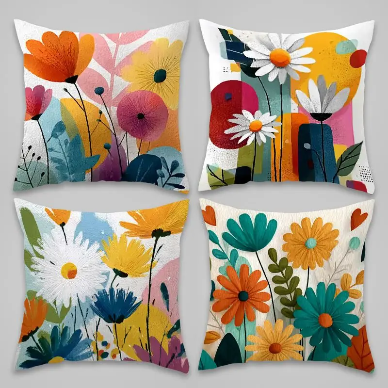 Vibrant Floral Abstract Print Throw Pillow Covers Set 4pcs Cushion Case for Living Room Decor 45x45cm Modern Home Accent