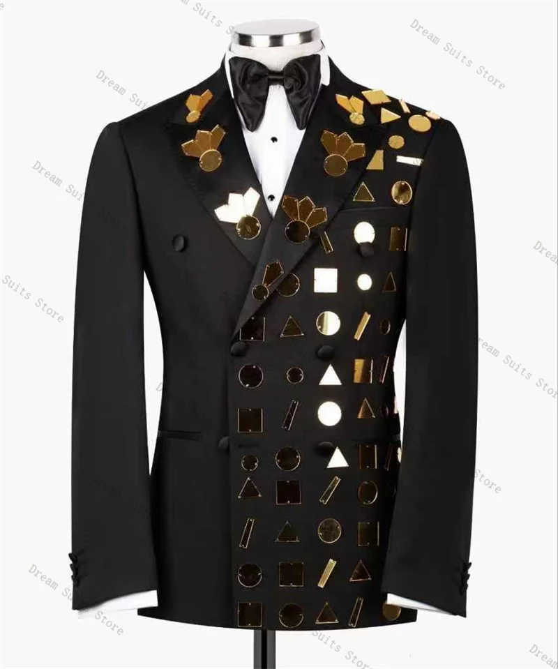 

Black Men Suit Set 2 Piece Blazer+Pants Trousers Gold Sequins Autumn Customized Formal Office Jacket Wedding Tuxedos Prom Coat