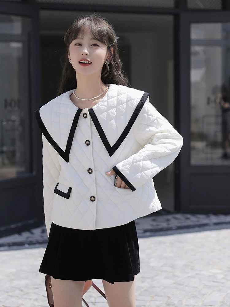 

Женская стеганая хлопковая куртка XiaoYe TaoNai: осенне-зимняя, черно-белая, с ромбовидным узором, свободный крой, в стиле пэчворк