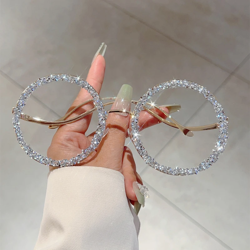 KAMMPT Trendy Retro Crystal Shiny Round Shades Women Ins Brand Design Sunglasses New Fashion Driving Anti UV Sun Glasses