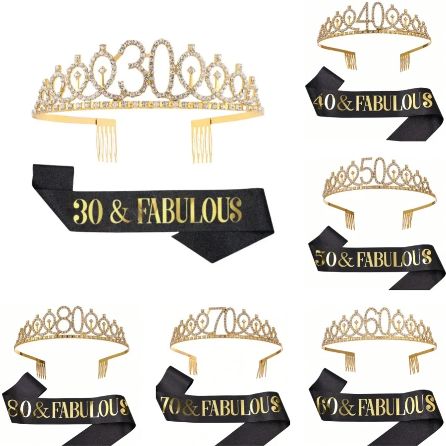 Geburtstags-Tiara Krone Schärpe für Frauen und Mädchen zum 30., 40., 50., 60., 70., 80. Geburtstag Deko-Geschenk