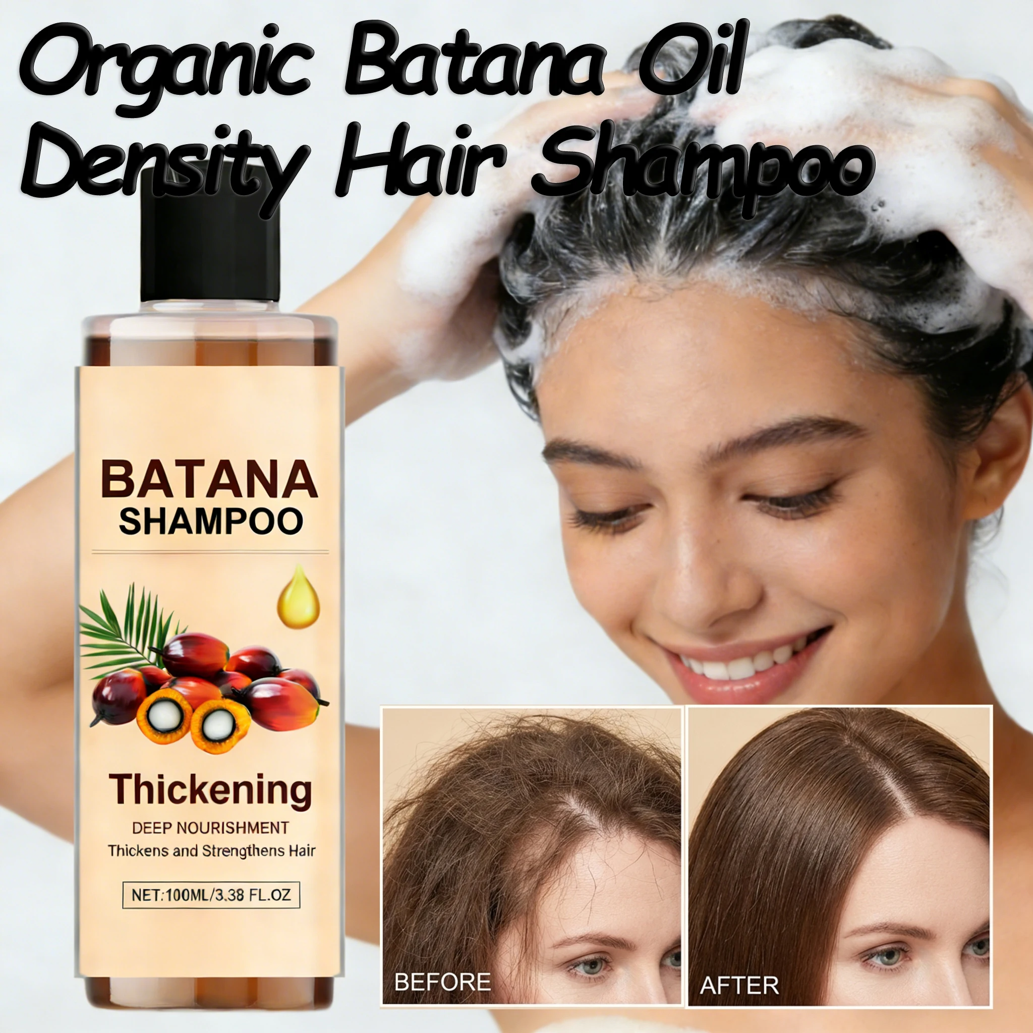 

Органический шампунь для волос с маслом батаны: нежное средство против перхоти, контроль жирности, освежение кожи головы, для объема и густоты, добавляет объем, уход за волосами