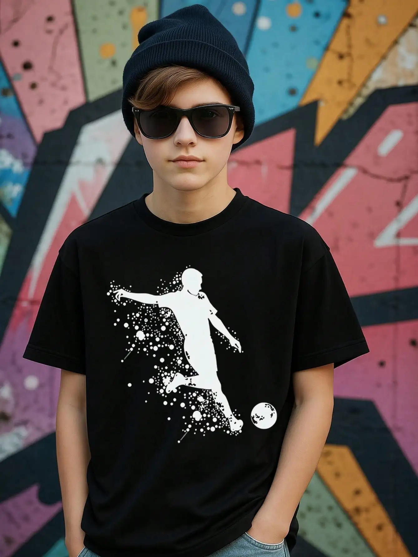 

Tween Boys Soccer Cotton Graphic Tees, Black Casual Style Summer Tops With Dynamic Kick Design