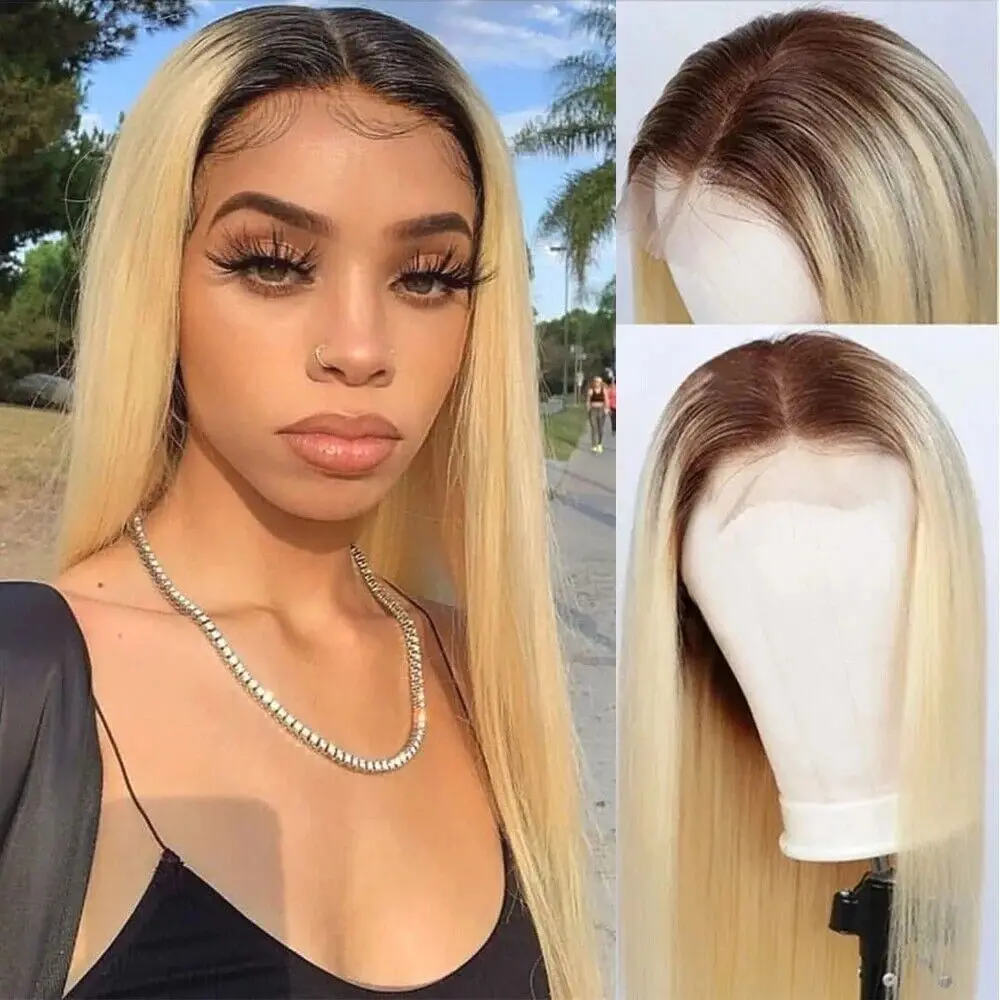 Perruque Lace Front Wig synthétique lisse, blonde ombrée, à la mode, sans danger pour la chaleur