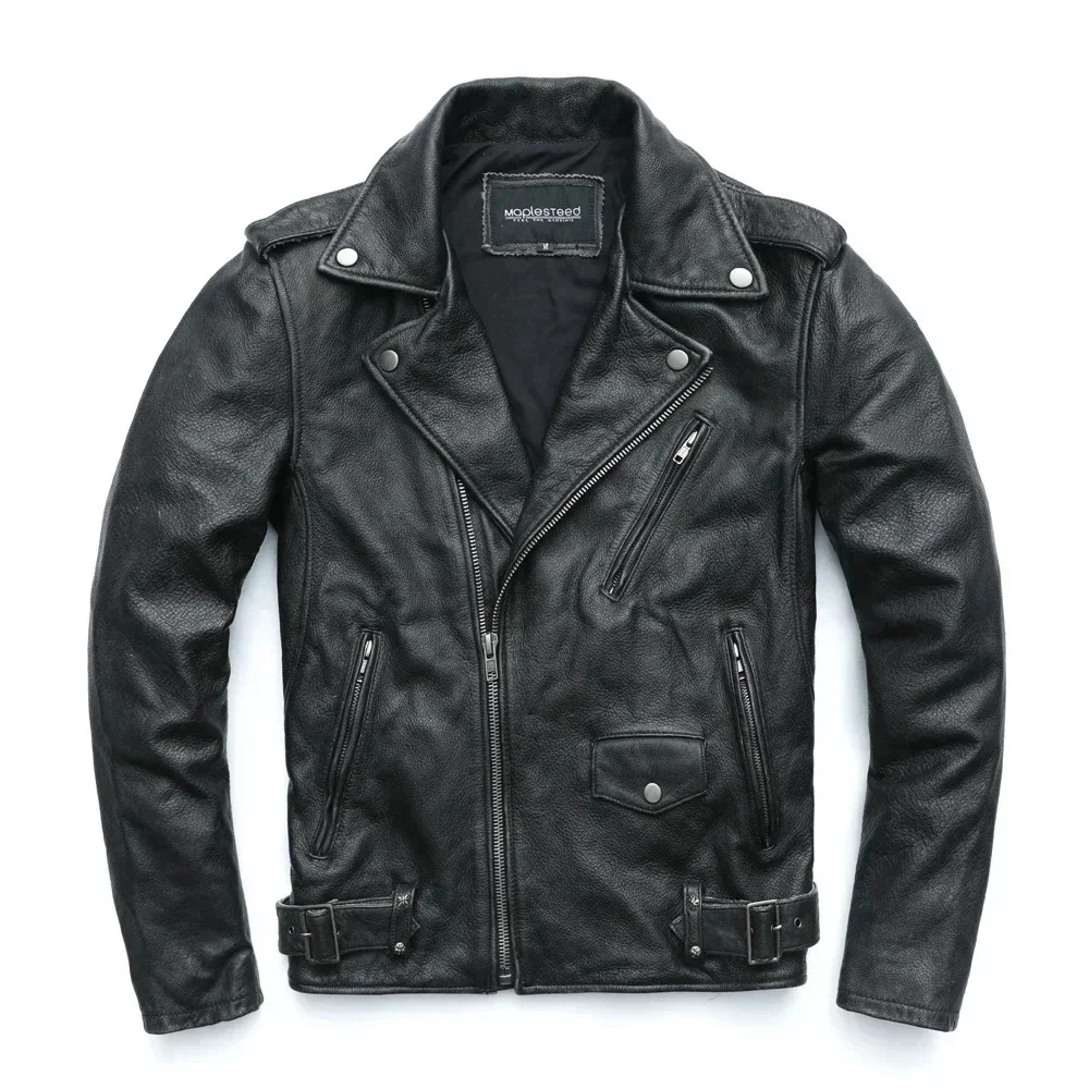 MAPLESTEED Vintage Washed Black Motorcycle Jacket Men Genuine Leather s 100% Cowhide Coat Moto Biker M-5XL M456