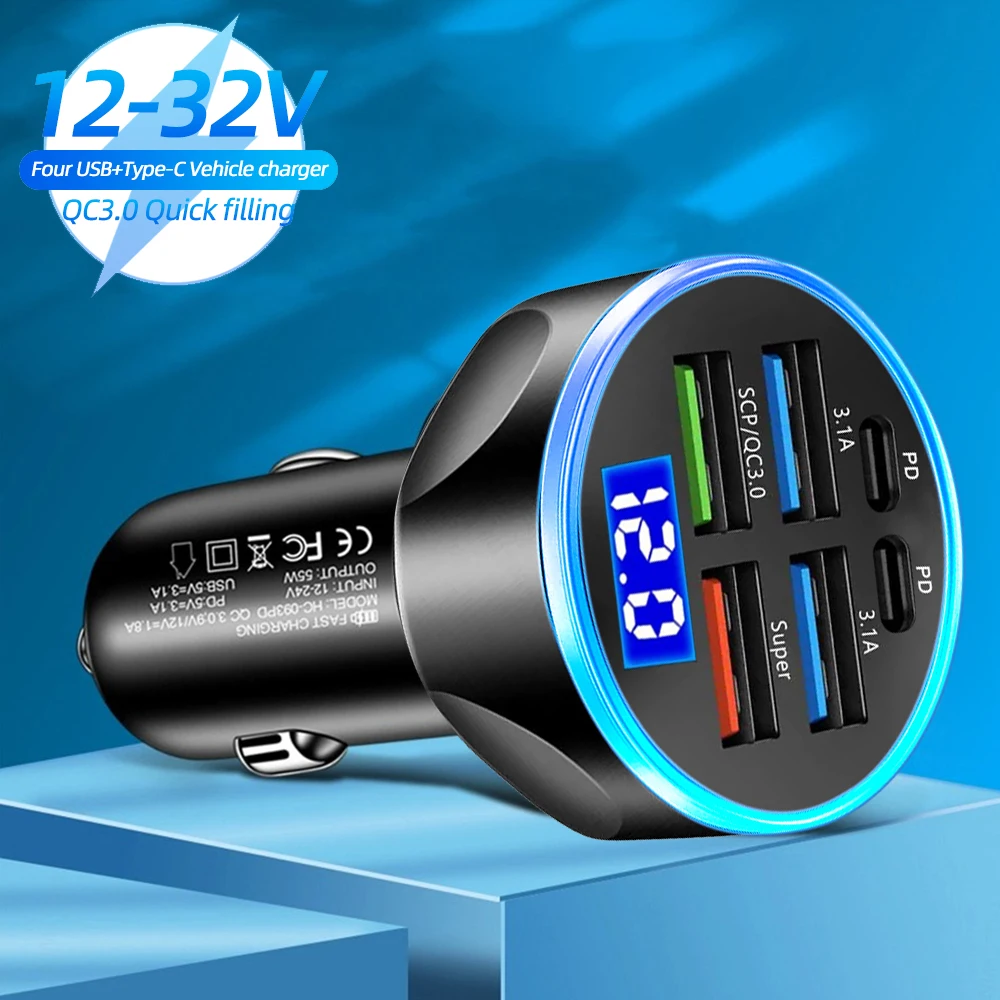 66W USB Car Charger LED 6 Ports Fast Charge PD QC3.0 Display Voltage Car Phone Charger Type C Adapter for iPhone Samsung Xiaomi