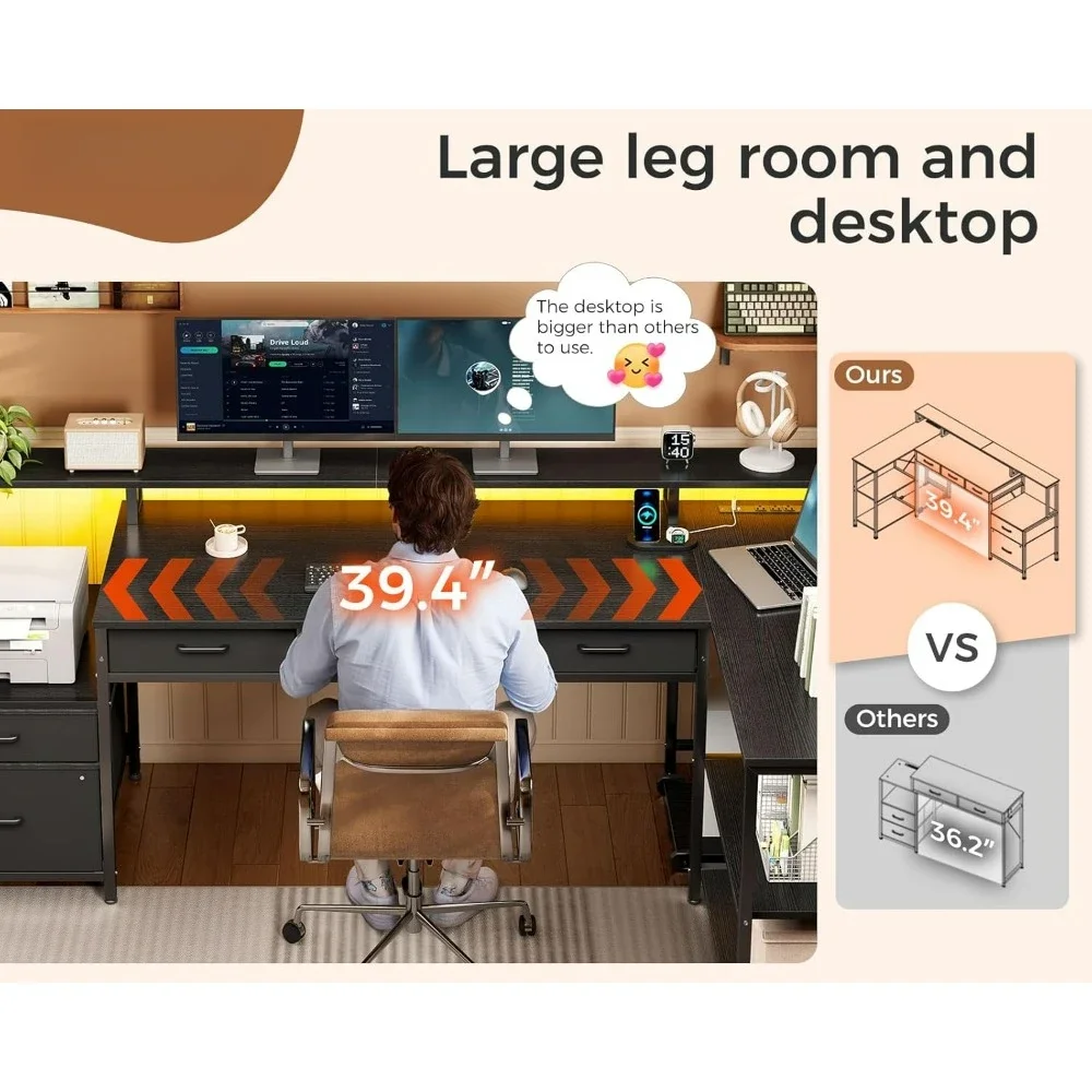 L Shaped Desk, Power Outlet & LED Strip, Office Desk with Storage Shelves,  Monitor Shelf, 66" Reversible L Shaped Computer Desk