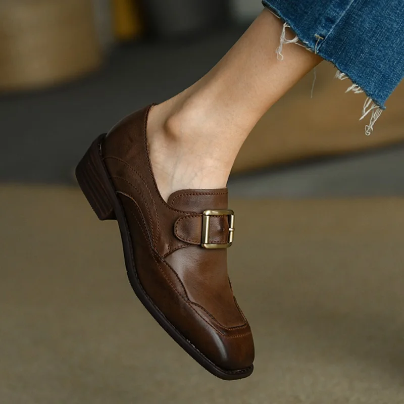 Square Toe Buckle Daily Shoes Cowhide Genuine Leather Loafers For Woman British Style Women Loafers Slip On Thick Heel Shoes