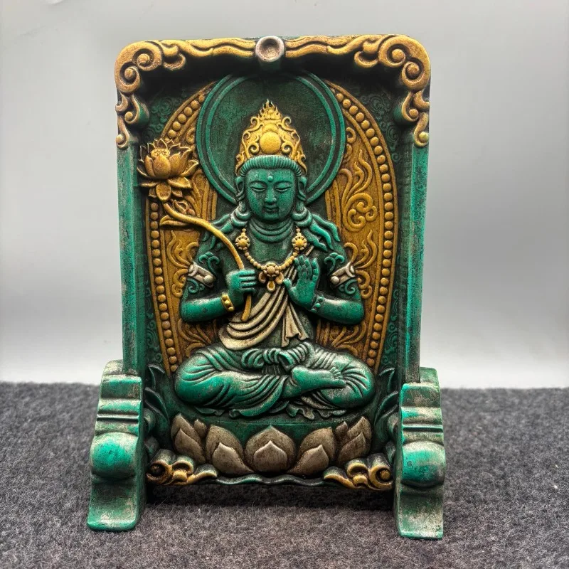 Tibetan Green Tara Dolma Table Screen Statue Imitation Turquoise Finish Gilded Lotus Relief‑Carved Home Altar Decor Collectible