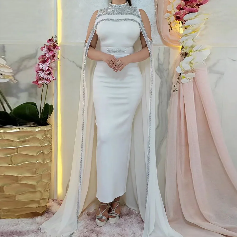

Customzied Straight Prom Dresses Floor-length High-Neck Sleeveless Evening Gown Fashion Stole Crystal Sequined Draped Party Gown