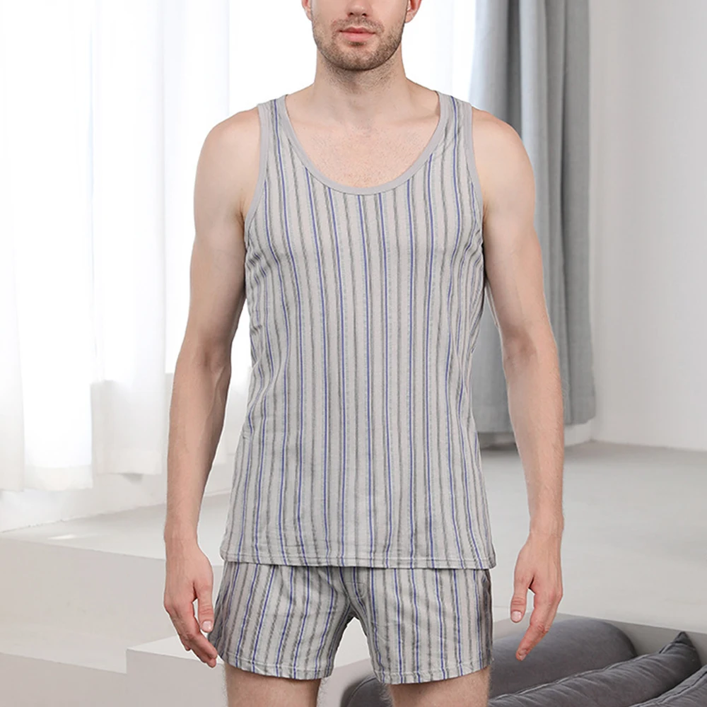 Men Short Pajamas Set Cotton Sleeveless Vest Loose Shorts Sleepwear Thin Breathable Loungewear Casual Nightwear Summer New