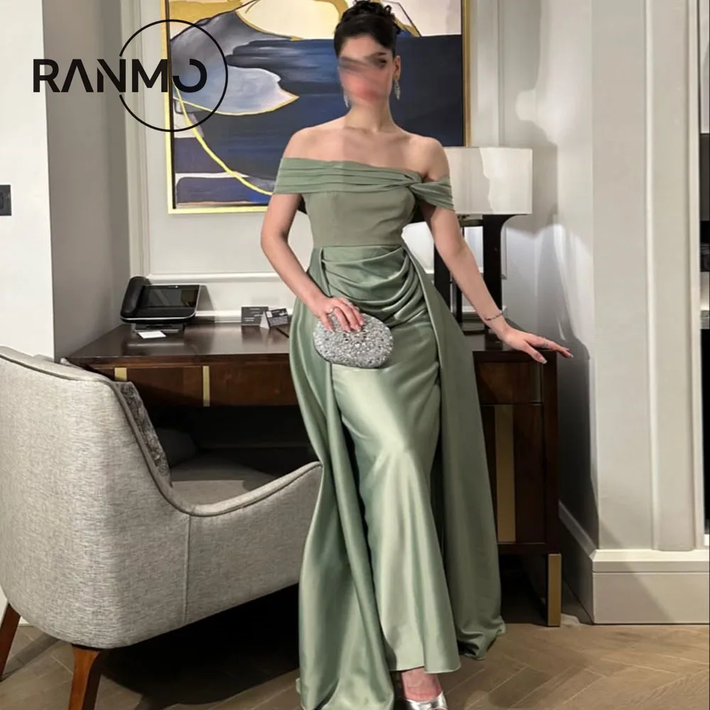 Sukienka wieczorowa Ranmo, zielona, na ramiączkach, z plisami, formalna, satynowa, syrenka, długa, na wesele, dla gościa weselnego, z odpinanym trenem.