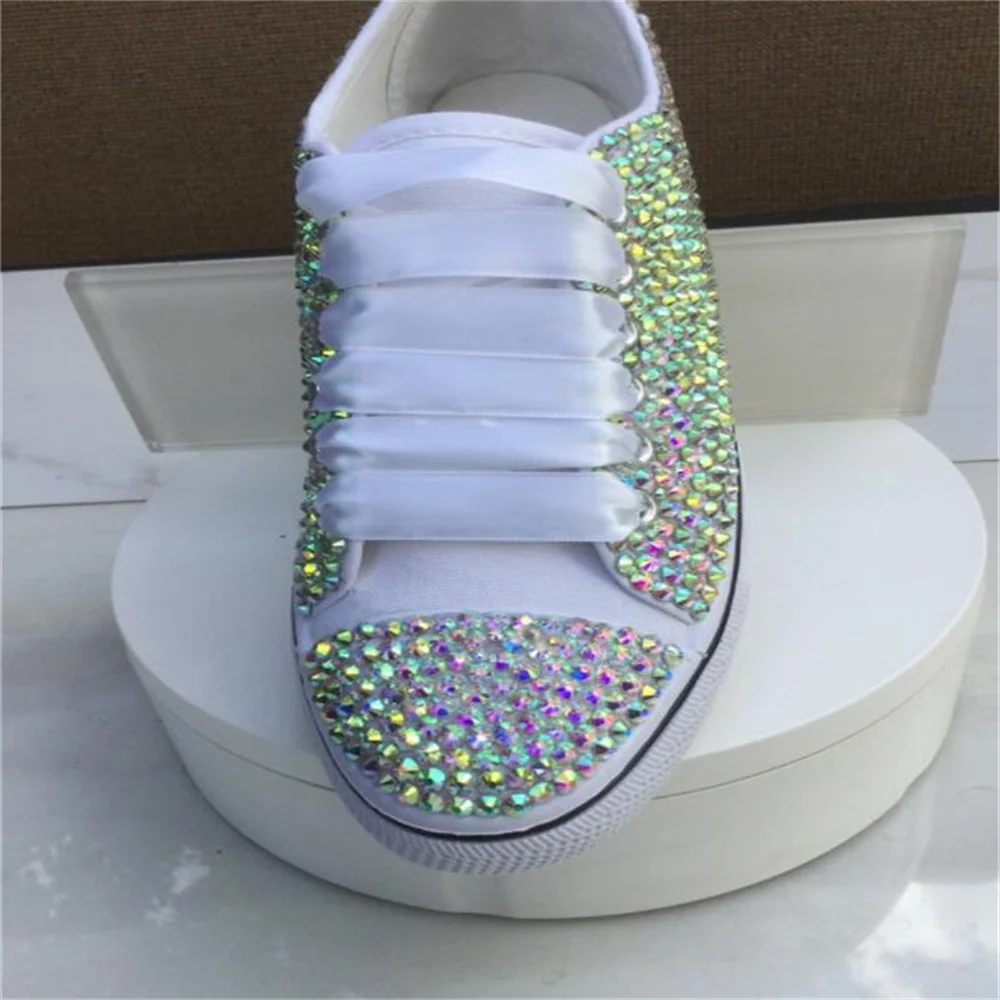 Beige low top color rhinestone ribbon custom style canvas shoes integrated sports casual shoes women\'s shoes 35-46