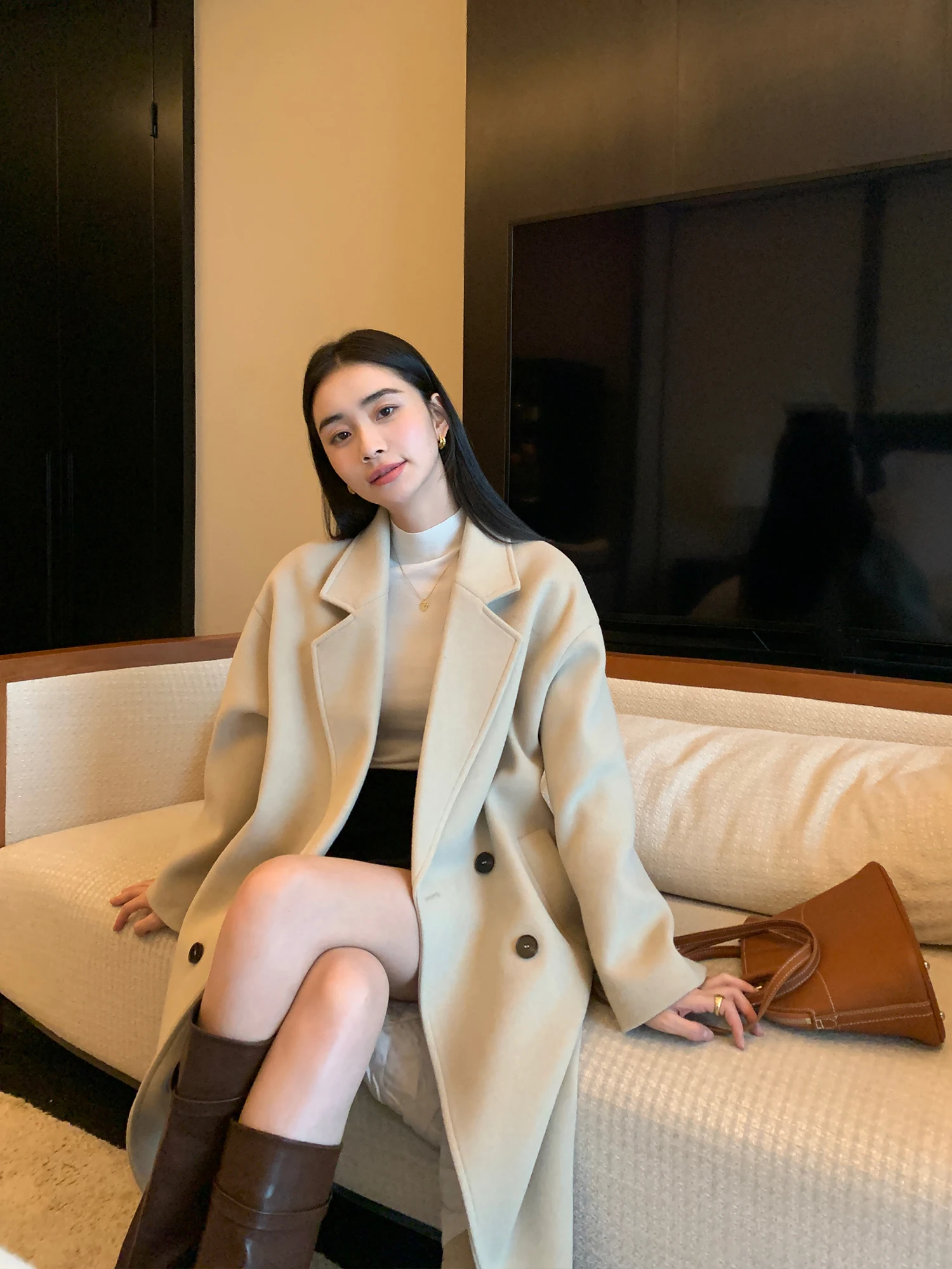 

Pusumede Thiened Cotton Lined Woolen Coat for Women Vintage Sle Loose Fit Long Sve Double Breasted No Hat Coat