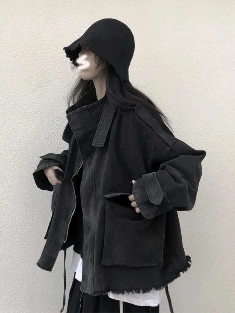 BF Style Loose Denim Jacket with Big Pockets Dark Black Mountain Spring Autumn Women's Short Coat Anti-Wrinkle Long Sleeve