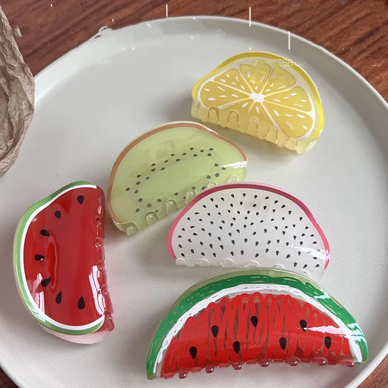 

New Summer Fruit Series Acetate Hair Claw for Women Cute Watermelon Strawberry Hair Shark Grab Clip Headwear Hair Accessories