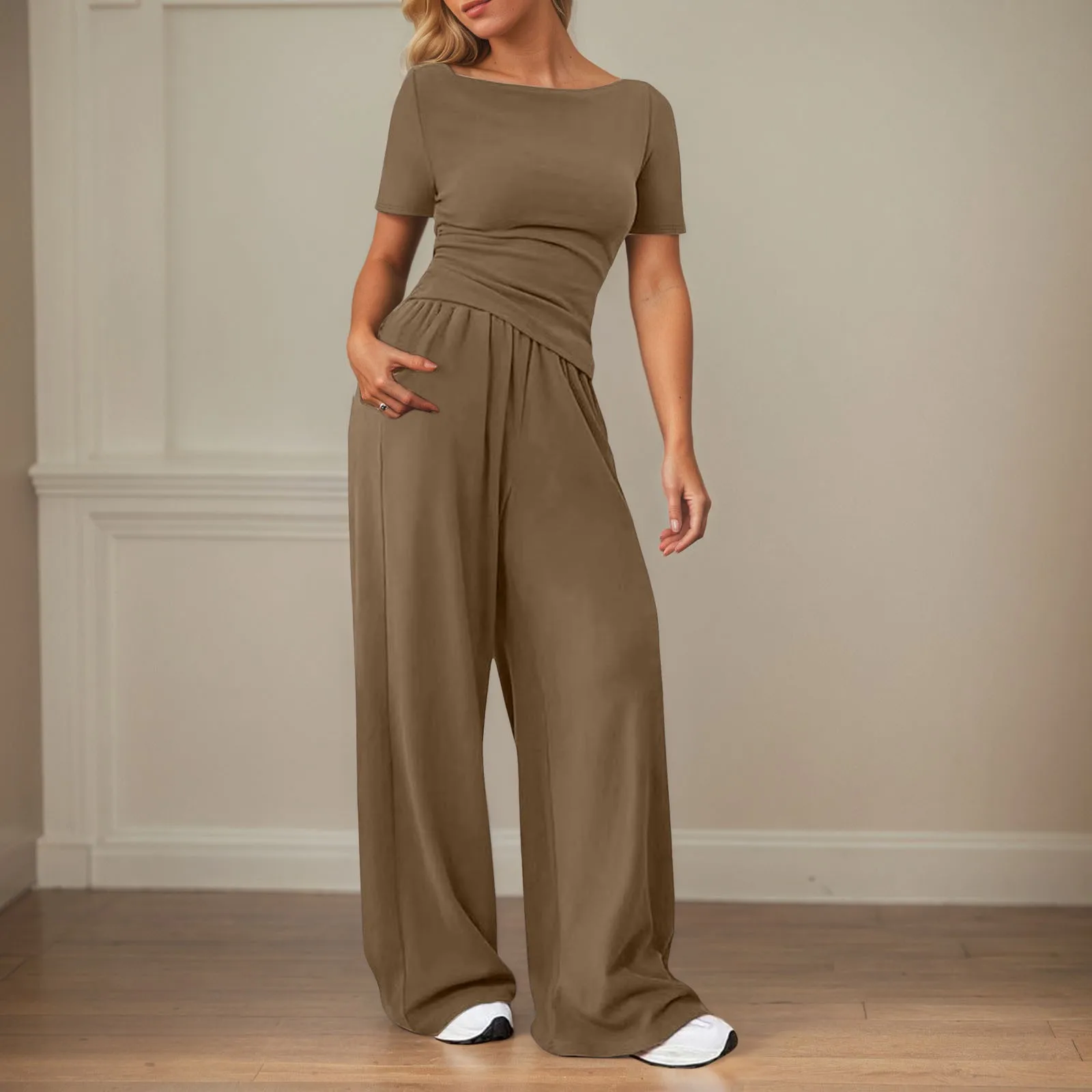 

Women Casual O-Neck Short Sleeve Top+High Waist Wide Leg Pants 2 Piece Suit Summer Fashion Trousers Outfit Tracksuits Streetwear