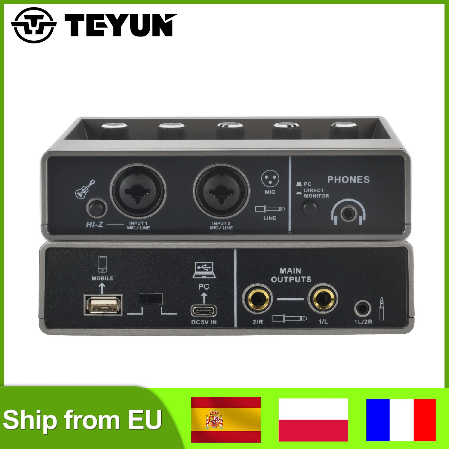 TEYUN Echo Effects Audio Interface 2 Channel 48V Computer Record Electric Guitar PC Recording External Sound Card Drive-free Q16