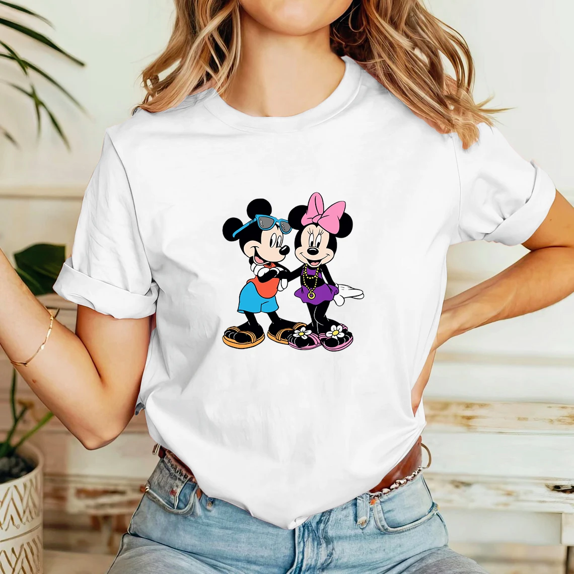 

Women's Clothing Summer 2025 Mickey Minnie cartoon print women's short sleeve t-shirt cute and sweet