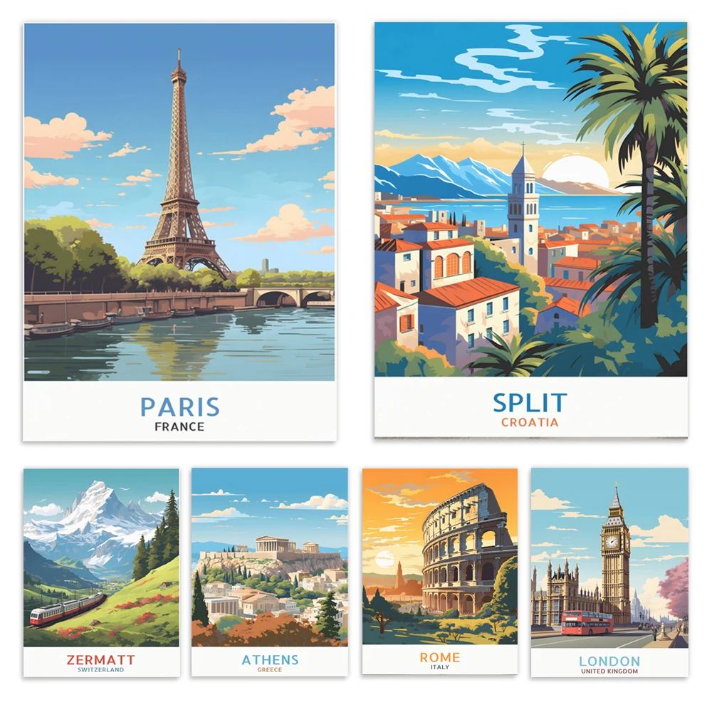 Berlin, Prague, Zermatt, London, Monaco, Florence, Rome, Oslo, Lisbon, Barcelona, Croatia, Athens, Paris, France travel posters