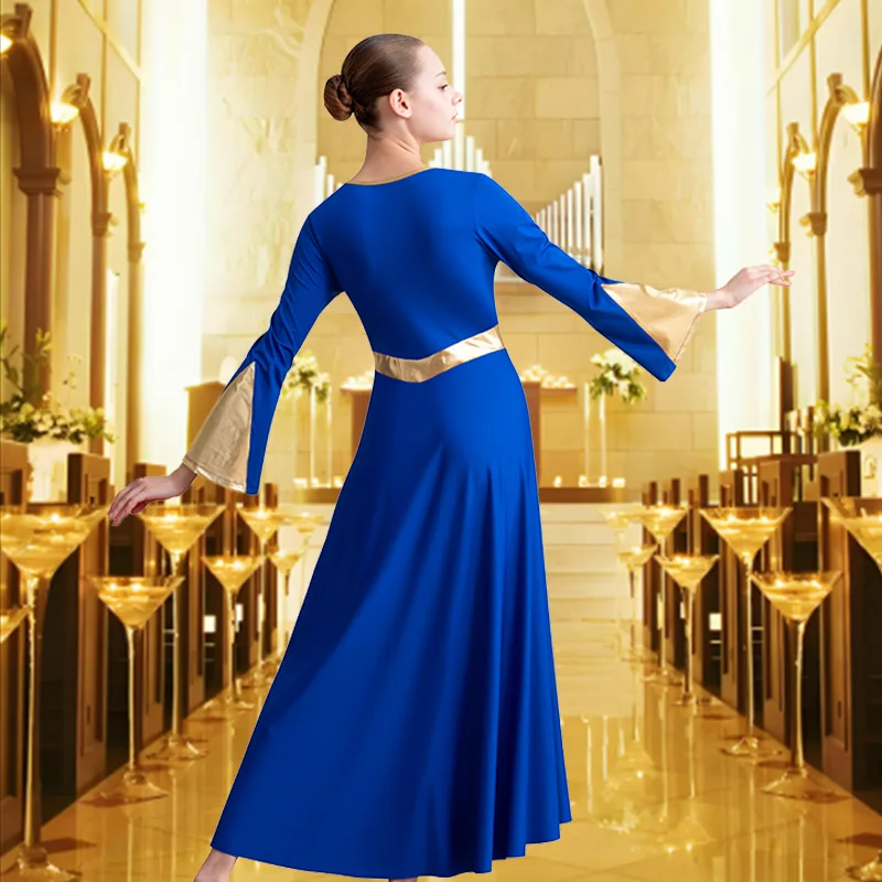 Women's Praise Dance Dress Long Sleeve Loose Fit Church Dancewear Metallic Full Length Liturgical Worship Costume Dance Dress
